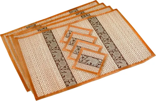 CCcollections Ecológico, hecho a mano, resistente al calor, fácil de limpiar, 4 juegos de manteles individuales, 2 tamaños grandes y medianos. Oro