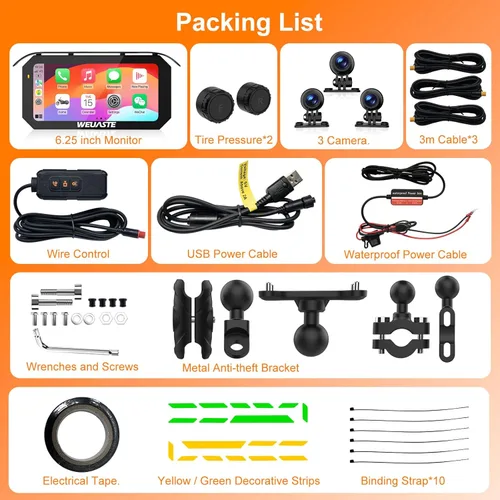 Miniatura 8 de 3PCS 1080P motocicleta Dash Cam, TPMS, 6.25" motocicleta Carplay & Android Auto Screen & HiCar, sensor de luz, grabación en bucle, controlador