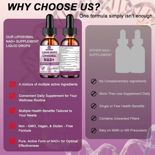 Miniatura 5 de NAD+ Suplementos para hombres y mujeres, suplemento liposomal Nad+ alternativo NMN extra fuerte con resveratrol quercetina para energía celular