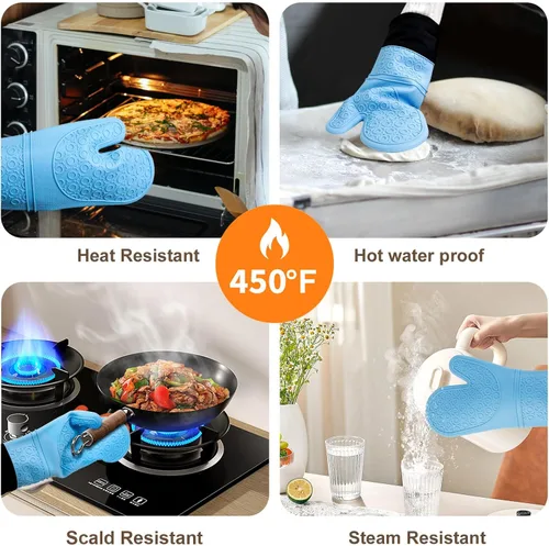 Miniatura 2 de Guantes de horno de silicona resistentes al calor, impermeables, mango flexible, lavable para comida caliente, color azul, extra largo