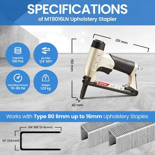 Miniatura 2 de meite Pistola de grapas para tapicería con nariz extendida para grapas de corona de calibre 21 de 1/2 pulgada, engrapadora neumática de servicio