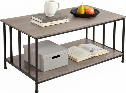 Miniatura 7 de SENIG Mesa de café pequeña rectangular marrón de madera y metal con estante de almacenamiento para salas de estar pequeñas