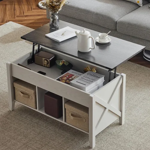 Miniatura 17 de VINGLI Farmhouse - Mesa de centro elevable, color gris rústico con estante de almacenamiento/compartimento oculto, Mesa De Centro para Sala, marrón