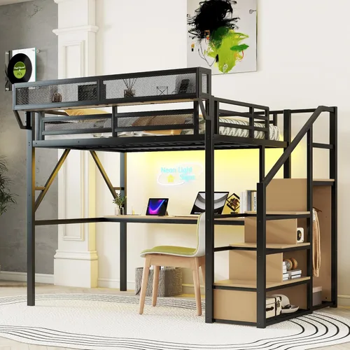 Miniatura 19 de KEIKI Estructura de Cama Loft de Metal Tamaño Twin con Escalera Convertible, Estantes de Almacenamiento Integrados y Armario, Cama Loft con Listones