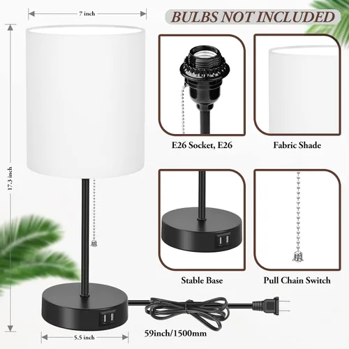 Miniatura 5 de Juego de 2 lámparas de mesa con puertos de carga USB, lámparas de noche blancas con salida de CA, lámparas de mesita de noche con interruptor