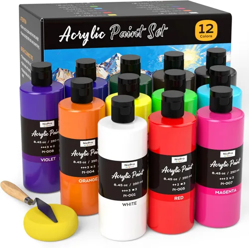 Nicpro Juego de pintura acrílica grande de 12 colores (8.45 onzas, 8.5 fl oz), suministros de pintura artística, no tóxicos para múltiples