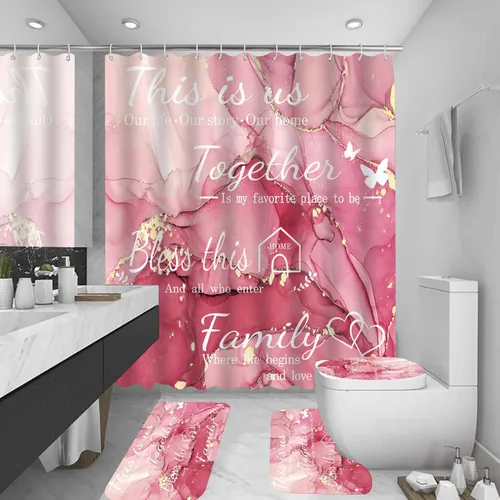 Miniatura 18 de Juego de 4 piezas de cortinas de ducha familiares con alfombras antideslizantes, cubierta para tapa de inodoro y tapete de baño, conjunto negro