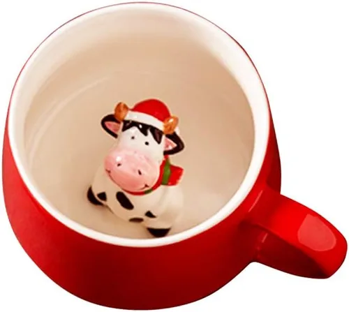 Bonita taza de cerámica de vaca de Navidad, pintada a mano, novedosa taza de animales en 3D, tazas personalizadas de té de chocolate con leche, para