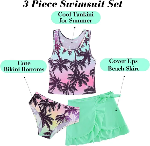 Miniatura 45 de Traje de baño tankini de 3 piezas para niñas, lindo bikini con salida de baño con falda de playa de 5 a 16 años