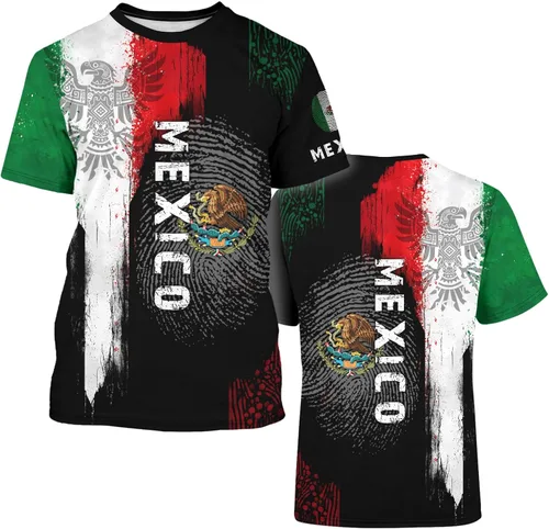 Miniatura 5 de Camiseta de manga corta con cuello redondo y bandera mexicana, camiseta 3D unisex