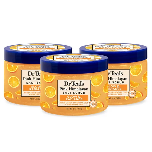 Dr Teal's Exfoliante corporal con sal del Himalaya rosa, resplandor y resplandor con sal pura de Epsom y aceites esenciales cítricos, 16 onzas