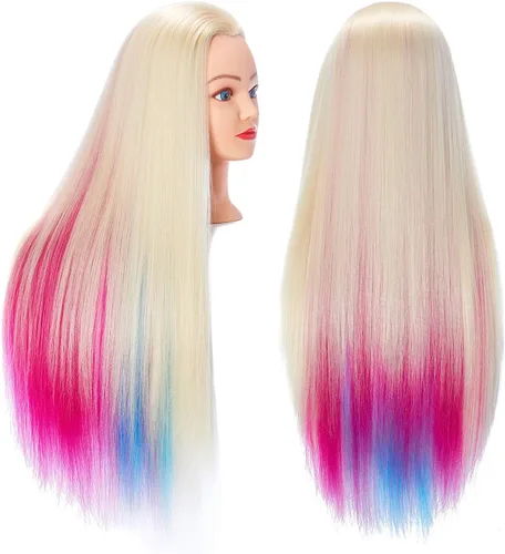 Miniatura 18 de Hairingrid Cabeza de maniquí de 26 a 28 pulgadas, para entrenamiento de peinado, cosmetología, cabeza de muñeca, pelo de fibra sintética y soporte