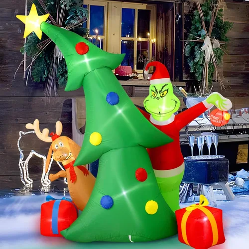 Hioasis Decoración inflable de Navidad para exteriores de 9 pies, árbol con monstruo verde de Navidad, perro y cajas de regalo con luces LED,