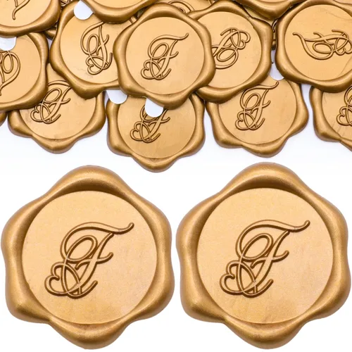 Miniatura 16 de SWANGSA Paquete de 50 calcomanías de sello de cera de letra A, diseño de corazón dorado antiguo, calcomanías de cera inicial para boda, fiesta