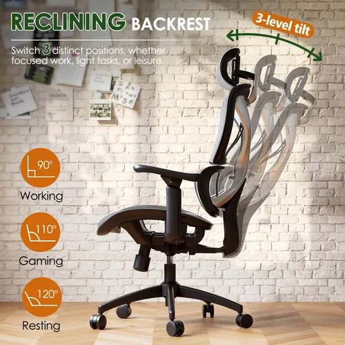 Miniatura 6 de GABRYLLY Silla de oficina ergonómica, silla de malla grande y alta con soporte lumbar, reposabrazos 3D, rotación de 215°, reposacabezas ajustable
