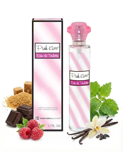 PB ParfumsBelcam Pink Kiss Eau de Toilette en espray para mujer, fragancia Sweet Gourmand con frambuesa, azúcar morena y vainilla, perfume femenino
