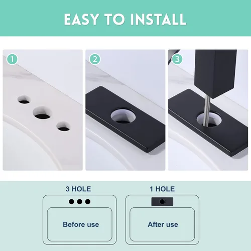 Miniatura 3 de Placa de cubierta de grifo de 6 pulgadas, placa de grifo negra mate para fregadero de baño, 1 agujero o 3 agujeros de 4 pulgadas, cubierta