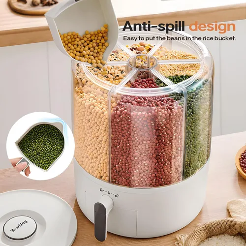 Miniatura 6 de Dispensador de Granos Slow Slog, Contenedor de Almacenamiento Giratorio de 360°, Dispensador de Alimentos de 6 Rejillas con Tapa Sellada