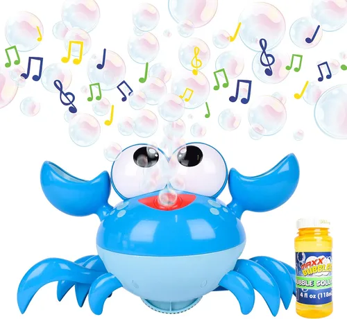 Maxx Bubbles Máquina de burbujas de cangrejo bailarín, soplador de burbujas en movimiento para niños, ilumina y reproduce música, botella de