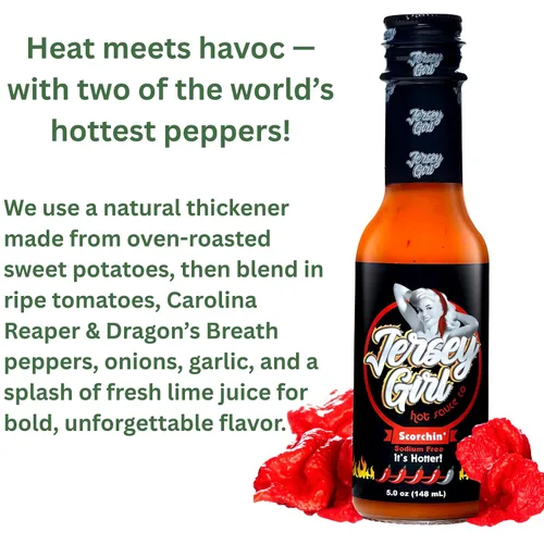 Miniatura 3 de Jersey Girl Hot Sauce Co Scorchin' Hot Sauce - Salsa picante hecha con pimientos Carolina Reaper y Dragon's Breath / 2 de los pimientos más picantes