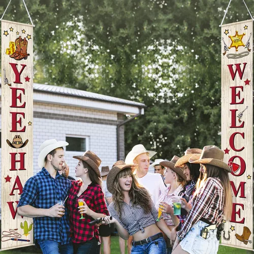 Miniatura 3 de Blulu Decoración de puerta de fiesta de vaquero occidental, decoración temática del salvaje oeste, cartel colgante de porche de bienvenida Yee Haw