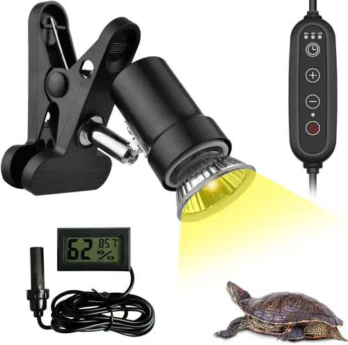 DOMICA Lámpara de Calor para Reptiles Regulable con Temporizador + Bombilla de Luz UVA UVB de 50W, Foco de Calentamiento para Tortugas, Lámpara de