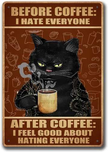 Divertido Letrero de Barra de Café Carteles de Gato Retro en Metal Carteles Vintage para Decoración de Pared de Cocina Antes del Café Odio a Todos