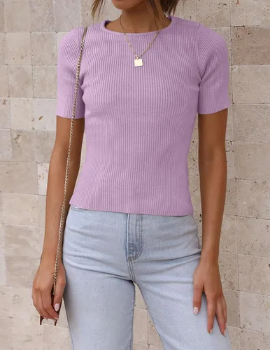Miniatura 3 de ZESICA Camiseta de manga corta con cuello redondo y punto acanalado para mujer, ajustada, camiseta básica de verano 2023 de color sólido