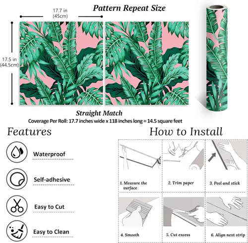 Miniatura 2 de VEELIKE Papel tapiz tropical rosa de 17.7 x 118 pulgadas, despegar y pegar, hojas de palmera exóticas, papel tapiz autoadhesivo de color rosa, papel