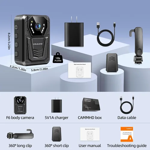 Miniatura 8 de CAMMHD Cámara corporal F6 1TB 4K, trabajo de 12 a 14 horas y visión nocturna ultra, cámaras corporales impermeables con grabación de audio y video
