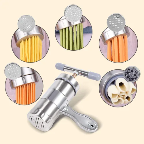 Miniatura 2 de Máquina de fideos, máquina manual portátil de pasta de acero inoxidable con prensa exprimidora de fideos de 5 troqueles, fácil de lavar