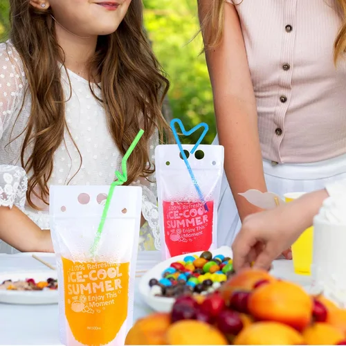 Miniatura 7 de Teenitor 100 bolsas de bebida con pajitas, bolsas de bebidas para jugos para adultos, bolsas de bebida reutilizables para licuados de jugos, bolsas