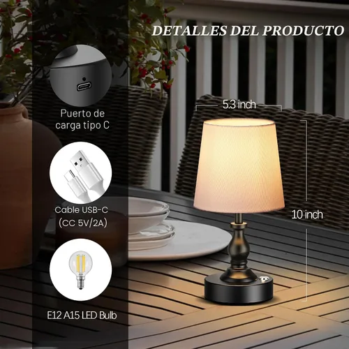 Miniatura 5 de PARTPHONER Mini lámpara de mesa LED inalámbrica, lámpara recargable de 5200 mAh, brillo de 3 niveles, lámpara de escritorio regulable táctil, luz