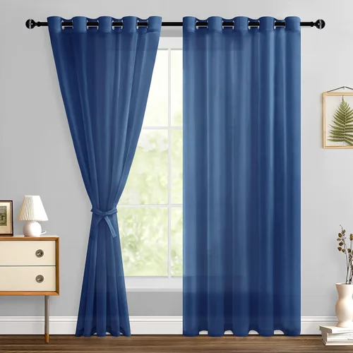 Miniatura 178 de Hiasan - Cortinas traslúcidas de gasa cortas semitransparentes con ojales y alzapaños filtrantes de luz para ventana, dormitorio, baño, 2 paneles