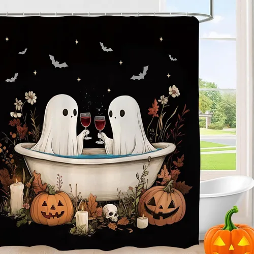 Miniatura 3 de GPGHE Cortina de ducha para decoración de Halloween, fantasma, calabaza, murciélago, vacaciones, juego de cortinas de baño retro con 12 ganchos, 71
