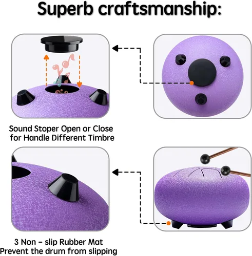 Miniatura 7 de Lronbird Percusión de tambor de lengua de acero, instrumentos musicales de 6 pulgadas, 8 notas, regalos musicales para familiares y amigos (lavanda)