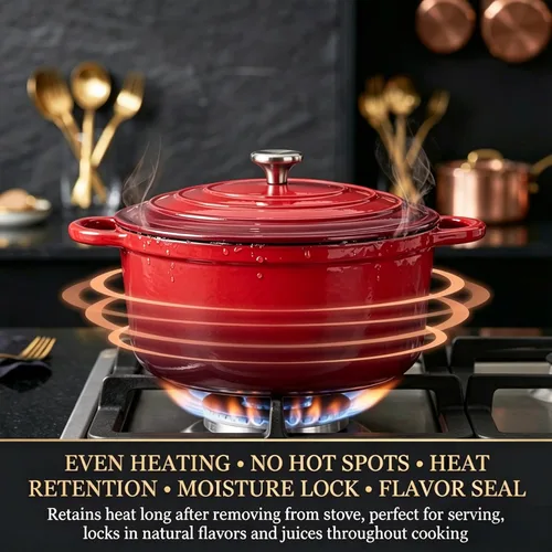 Miniatura 4 de QuliMetal Juego de utensilios de cocina de hierro fundido esmaltado antiadherente, 7 piezas de ollas y sartenes con tapa, sartén, cacerola, olla Rojo