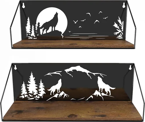 Giftgarden - Estantes flotantes para pared con diseño único de lobos aulladores recortados, estante de madera de hierro rústico con decoración de