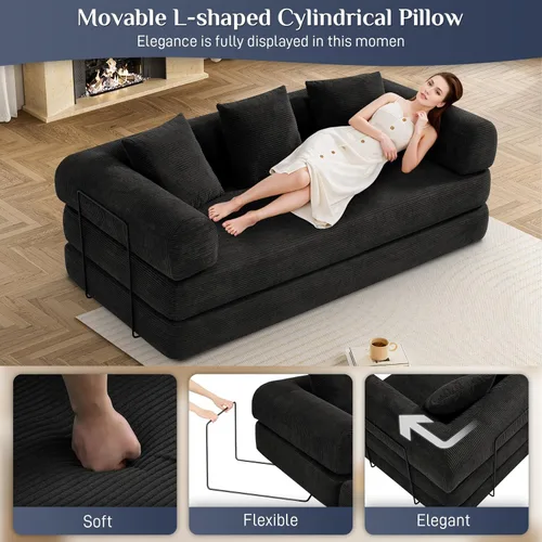Miniatura 4 de DAMAIFROM Sofá cama convertible con almohada cilíndrica, sofá cama plegable de pana con marco de forma fija, sofá modular de suelo para sala de Negro