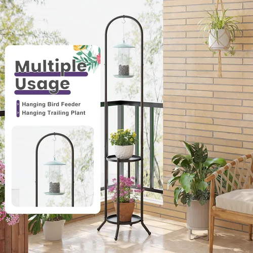 Miniatura 5 de Soporte de metal para plantas de 2 niveles con gancho para colgar para plantas de interior y exterior, estante de exhibición de acero resistente