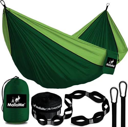 Miniatura 8 de Hamaca MalloMe para una o dos personas, para camping, set de hamaca colgante con 3 correas para árbol, hecha de nailon, es ligera, capacidad para 2