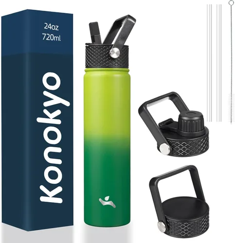 Miniatura 104 de Konokyo - Botella de agua aislada de 18 onzas, botellas deportivas de acero inoxidable con 3 tapas, verde militar