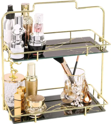 Organizador de maquillaje, organizador de baño de 2 niveles, estante de almacenamiento de cosméticos para tocador y encimera, cesta organizadora de
