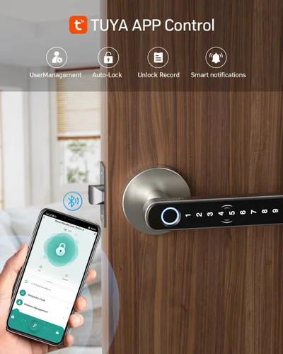 Miniatura 6 de TMEZON Cerradura inteligente para puerta, huella digital, cerradura de puerta de entrada sin llave con asa, tarjetas APP/IC/códigos/llaves/huellas