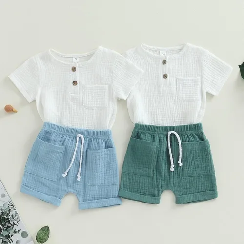 Miniatura 54 de fhutpw Conjunto de 2 piezas de ropa de verano para bebés, camiseta de manga corta, cintura elástica, pantalones cortos para niños pequeños