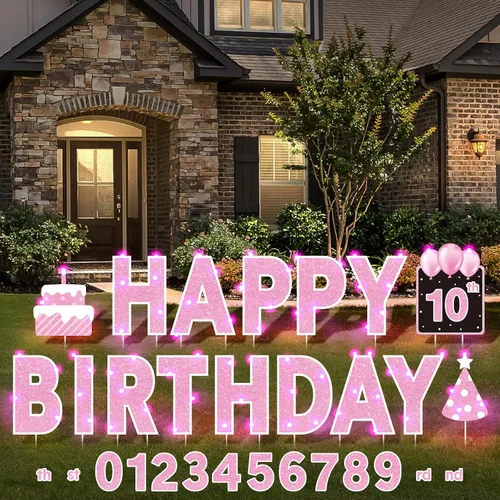 Miniatura 14 de Yerliker 16 piezas de carteles de feliz cumpleaños para patio con estacas, luces LED de 32.8 pies, 42 piezas de adhesivos numéricos, carteles