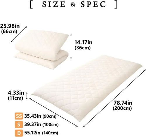 Miniatura 2 de EMOOR Colchón de futón japonés extra grueso, con dobladillo pequeño, tamaño individual, fabricado en Japón, color blanco, plegable, cama
