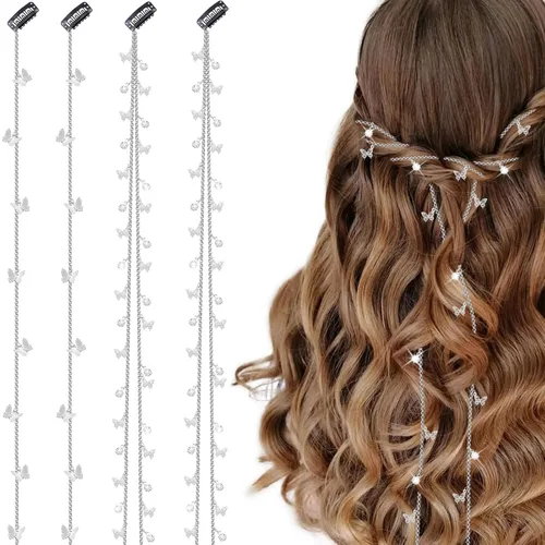 Miniatura 7 de 4 cadenas trenzadas de cabello de mariposas, joyas para el cabello con diamantes de imitación, pinzas para el cabello de mariposas, accesorios