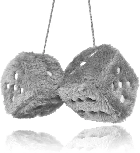 Miniatura 5 de Par de dados de felpa mullidos con espejo de puntos blancos y negros, de 3 pulgadas, adorno decorativo para colgar en coche de felpa suave en blanco