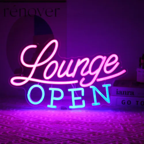 Miniatura 7 de Letrero de neón con texto en inglés "Lounge Abierto" VIP Lounge, luz de neón, rosa y azul, letra LED, regulable, letreros de negocios, letreros Rosa
